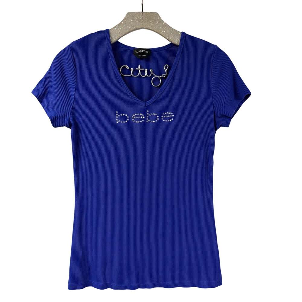 Vintage bebe V Neck T Shirt Rhinestones Blue Ribbed Stretchy Medium
